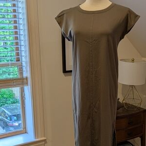 Everlane Olive Green Sheath Midi Dress with Cap Dolman Sleeves and Side Slit